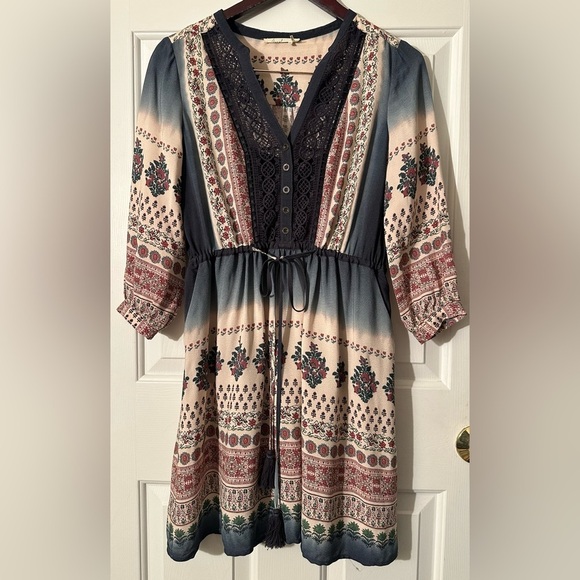 ANTHROPOLOGIE Floreat 2P PETITE Peasant Dress Crochet Block 3/4 Sleeve BOHO CHIC - Picture 2 of 16